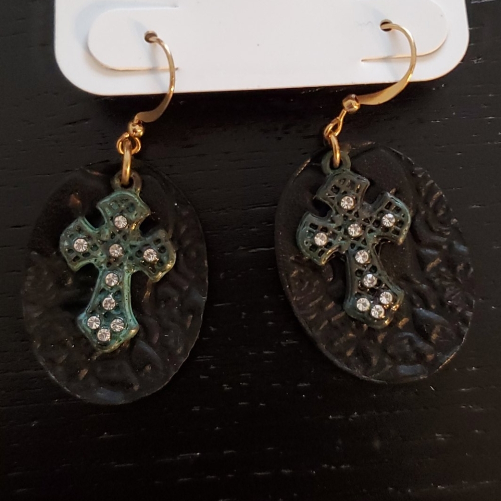🆕️ Leather Embossed Rhinestone Cross Drop Earring